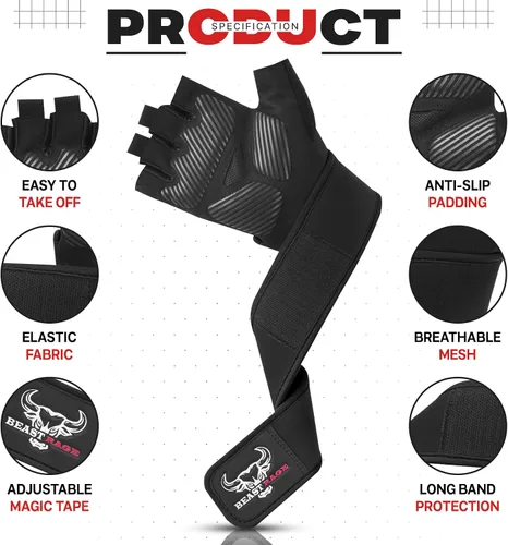 Vista 5 de BEAST RAGE Guantes de entrenamiento acolchados para hombres, correas largas para la muñeca estabilizan el agarre para adultos, guantes