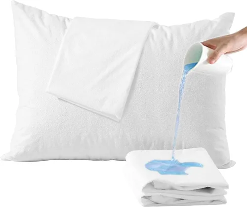 Vista 7 de Paquete de 4 protectores de almohada de tela de toalla de algodón, tamaño Queen, impermeables 100 %, cremallera, blancos, lavables, larga vida útil