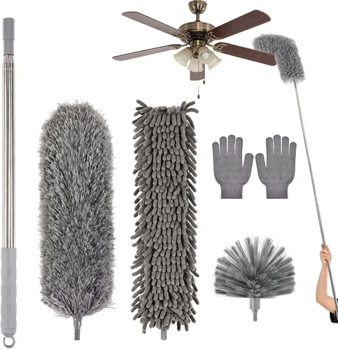 Vista 9 de Plumero de telaraña con poste de extensión, limpiador de plumas de microfibra lavable 5 en 1 kit con 3 cabezales de plumero, plumero largo