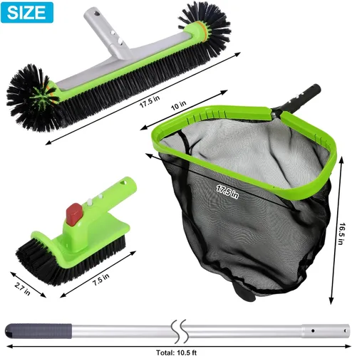 Vista 2 de Kit de limpieza de piscina de lujo que incluye red profesional para desnatar hojas, cabezal de cepillo de piscina de 17.5 pulgadas, cepillo