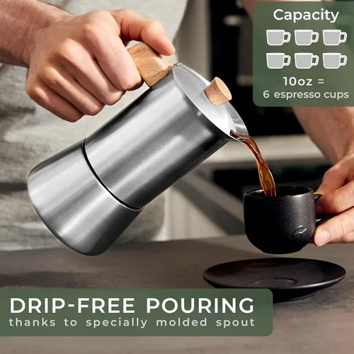 Vista 8 de WALDWERK Cafetera Moka de Acero Inoxidable (10 oz) - Cafetera Moka Libre de Tóxicos con Mango de Madera de Roble - Cafetera de Estufa para Espresso