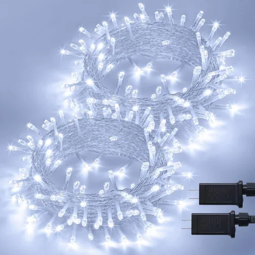 Vista 26 de JMEXSUSS - Paquete de 2, luces LED rojas, blancas y azules de 100, 10 metros, cadena de luces del 4 de julio para exteriores, 8 modos de luces