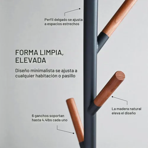 Vista 3 de Yamazaki Inicio Perchero independiente con ganchos de madera, ahorro de espacio de acero talla única negro