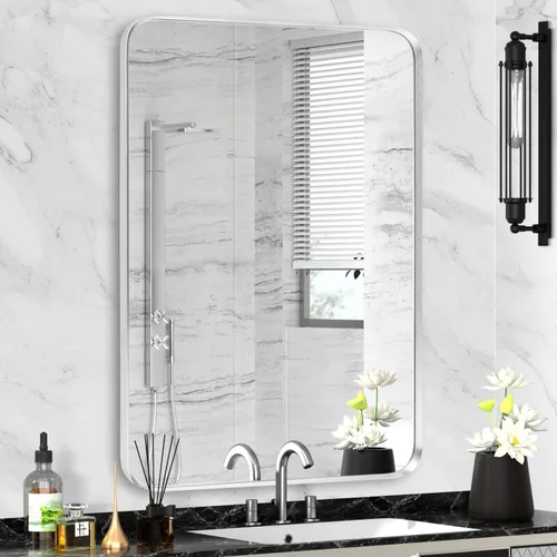 Vista 48 de Espejo arqueado negro de 16" x 20", espejo de pared para baño con arco, espejo de tocador de baño con marco de metal y parte superior arqueada