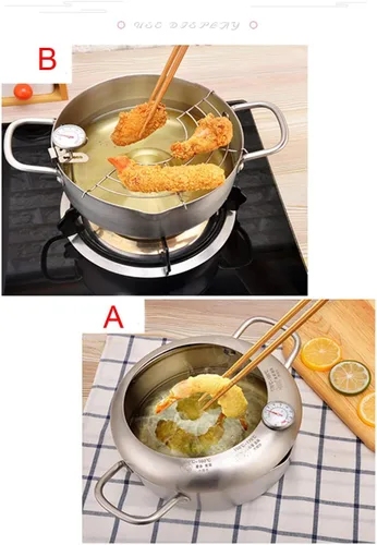 Vista 6 de Olla para freír Tempura de acero inoxidable, mini sartén profunda con escurridor, con termómetro de 7.9 pulgadas (7.9 in) (A)
