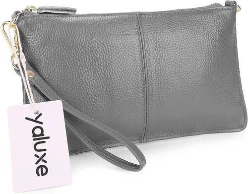 Vista 4 de YALUXE Clutch Wristlet - Cartera de piel auténtica con bloqueo RFID y cadena de hombro