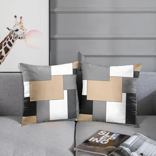 Vista 4 de Emvency Juego de 2 fundas de almohada geométricas marrones, color negro, gris, blanco, pintura abstracta a cuadros, funda de almohada decorativa