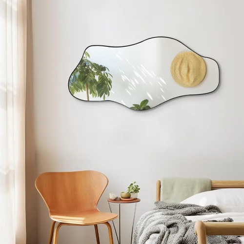 Vista 7 de Espejo irregular sin marco, 35.8 x 17.7 pulgadas, espejos de pared asimétricos decorativos, modernos espejos abstractos de vidrio templado para sala