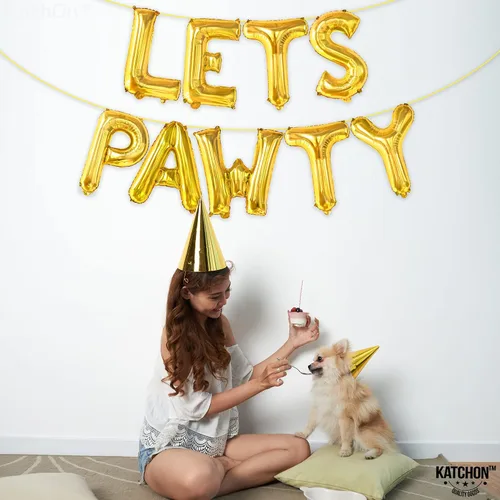 Vista 6 de KatchOn, Globos Lets Pawty Dorados - 16 Pulgadas Pancarta Lets Pawty Globos de Cumpleaños de Perro para Decoraciones de Cumpleaños Pancarta