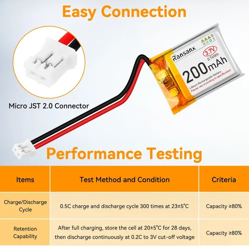 Vista 3 de Batería Lipo de 3.7 V 200 mAh 502025 Batería recargable de polímero de litio con conector Micro JST 2.0 Circuito de protección integrado