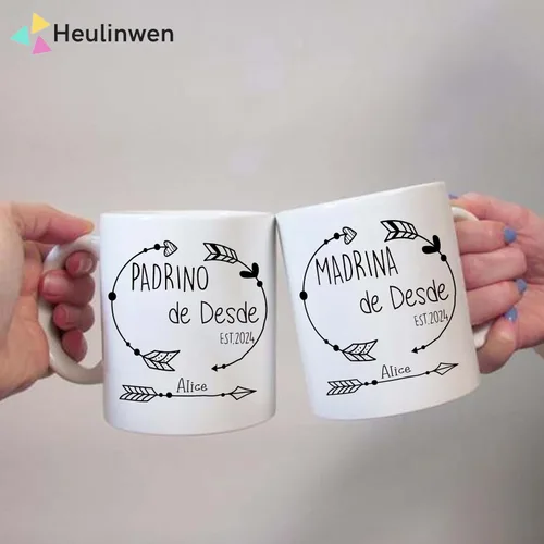 Vista 2 de Juego personalizado de Bautizo Recuerdos Juego De 2 Tazas 2024, Padrinos De Bautizo Propuesta Set 2 Tazas Café 11Oz, Para Niño, Niña, Propuesta
