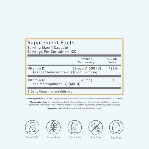 Vista 2 de VTC VitaTradingCo. Vitamina D3 + K2 Formas bioactivas de alta potencia 1000iu D3 + 45mcg MK-4 K2 Aumenta la absorción de calcio Soporte