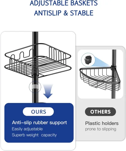 Vista 7 de SEIRIONE Organizador de Ducha y Esquinero a Prueba de Óxido para Baño, Poste de Tensión con 4 Cestas Ajustables para Accesorios de Ducha, 34 a 116
