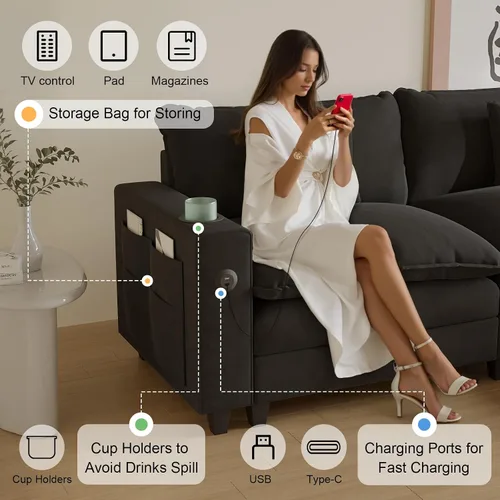 Vista 4 de KCGKCG Sofá modular en forma de U de 116 pulgadas, sofás seccionales de felpilla para sala de estar con otomana, sofá de asiento profundo, sofá