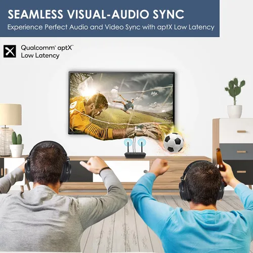 Vista 3 de SIMOLIO Receptor transmisor Bluetooth para TV, adaptador de baja latencia aptX 2-in-1 Wireless Audio Adapter Connects 2 Headphones, with aptX HD