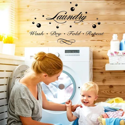 Vista 7 de Calcomanías de lavandería para cuarto de lavado, con cita de burbujas, para lavar, secar, doblar, repetir, decoración de pared, calcomanías