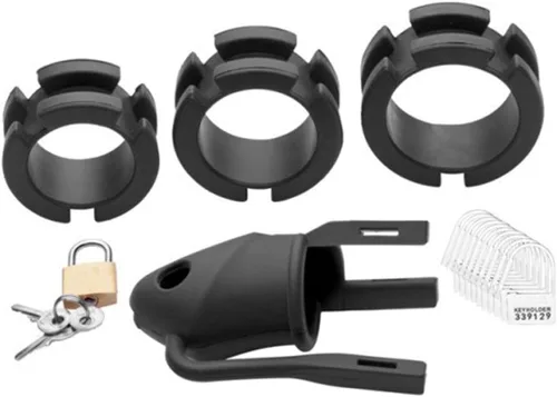 Vista 3 de Jaula para adultos BDSM ajustable de silicona negra para hombres, dispositivos de castidad masculina, jaula bloqueada, juguete sexual para hombres