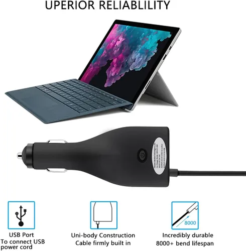 Vista 4 de Cargador de coche Surface de 42 W, 12 V, 2.58 A, fuente de alimentación para Microsoft Surface Pro 3/Pro 4/Pro 5/Pro 6, Surface Book, Surface Go