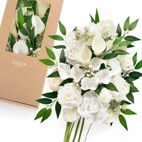 Vista 15 de Ling's moment Caja de flores artificiales, tallos de follaje artificial falso, rosas de espuma, dalia de seda, hierba de pampas, flor de tela