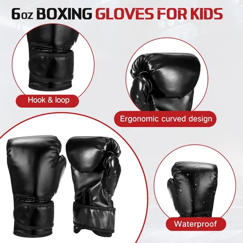 Vista 2 de Arrowbash Juego de guantes de boxeo y guantes de boxeo para niños, guantes negros de 6 onzas, guantes curvados, equipo de entrenamiento para artes