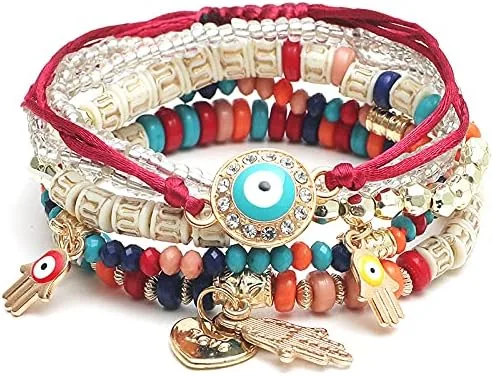 Vista 3 de Caiyao - Juego de 4 pulseras elásticas bohemias de cuentas, multicapa, de mal de ojo, Hamsa, pulsera de mano con dijes bohemios, elásticas