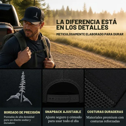 Vista 4 de Larix Hats for Men, Trucker Hat Men, Tamarack Mountain, Mesh Snapback Negro/ Gris