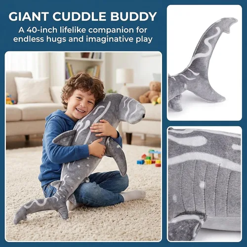 Vista 3 de Juguete de peluche gigante de tiburón martillo – Juguetes de peluche realistas de tiburón martillo de 40 pulgadas de largo, súper suaves, animales