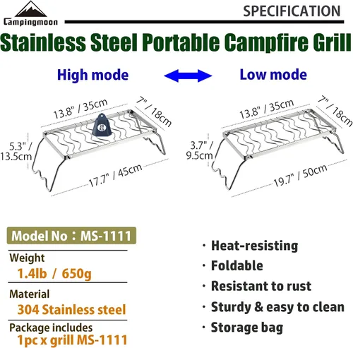 Vista 3 de Campingmoon - Parrilla plegable portátil para fogata de campamento sobre fuego, estufas divididas de acero inoxidable 304