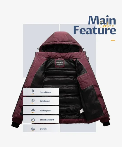 Vista 3 de CREATMO US Abrigo de invierno cálido para mujer, chaqueta de esquí impermeable acolchada con capucha desmontable