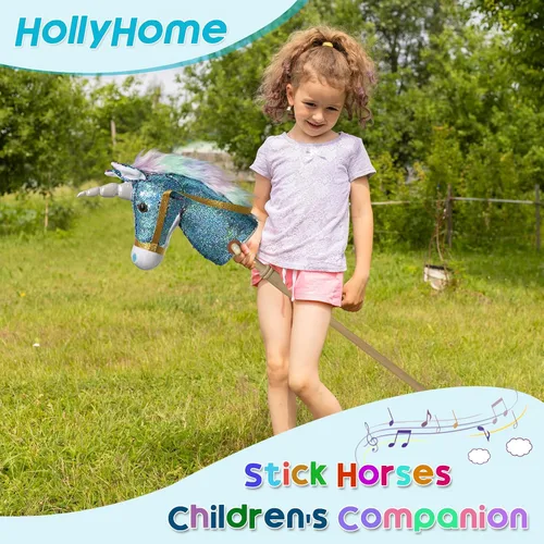 Vista 3 de HollyHOME Caballo de unicornio con lentejuelas, caballo de juguete artesanal con palo y ruedas de madera, sonidos reales de relincho y galope de Azul