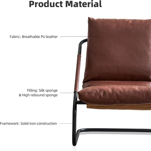 Vista 7 de Sillón cómodo para sala de estar de 27.56 pulgadas de ancho, sillón de estilo vintage, con cojín de cuero marrón profundo y marco de metal.