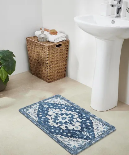 Vista 7 de Uphome Alfombra de baño vintage, azul, bohemio, antideslizante, oriental, suave, lavable a máquina, lindas alfombras de baño tribales florales