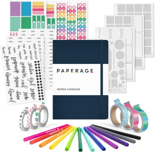 Vista 9 de PAPERAGE Kit de diario de viñetas, juego de diario punteado y kit estacionario, cuaderno de tapa dura con puntos (rubor), 12 bolígrafos finos, 8