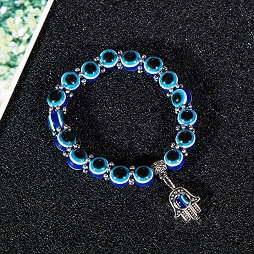 Vista 6 de RUIZHEN - 2 Pulseras elásticas con cuentas azules de ojo malvado, 7 chakras, piedra de lava, mano de Hamsa