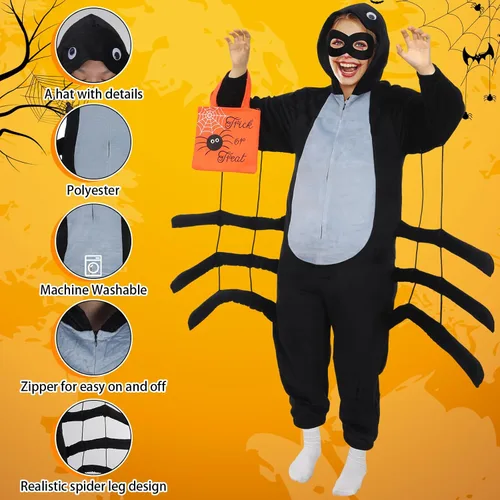 Vista 3 de Jeyiour Disfraz de araña para niños, traje de araña, para Halloween, bolsas de mano elásticas de fieltro negro, máscaras de ojos para niños, fiesta