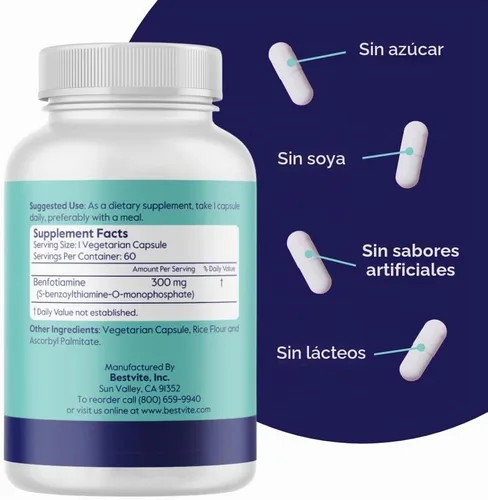 Vista 3 de BESTVITE Benfotiamina 300mg (60 cápsulas vegetales) - Sin estearatos