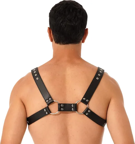 Vista 5 de CHICTRY Arnés de cuero ajustable gótico para hombre, correa para el pecho, cinturón, disfraz, club
