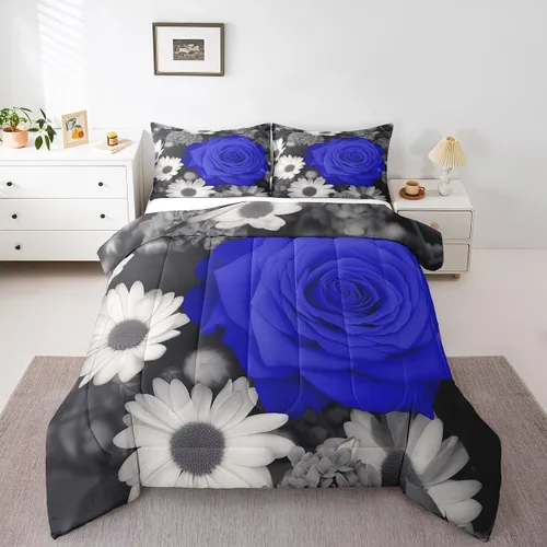 Vista 16 de Juego de edredón de rosas rojas, tamaño individual, juego de ropa de cama floral rojo degradado negro para niñas, mujeres, niños, adolescentes