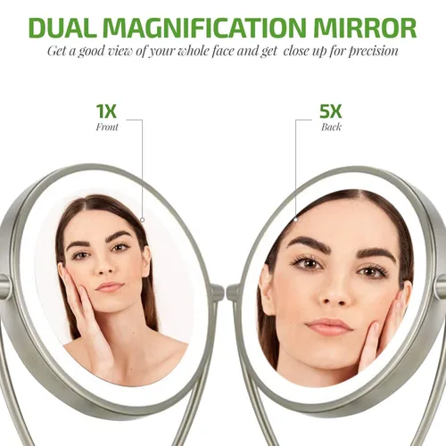 Vista 2 de Ovente Espejo de maquillaje de mesa iluminado de 9.5 pulgadas, LED, regulable, 1 lupa 5X, 360 ajustable, doble cara, funciona con batería, funciona