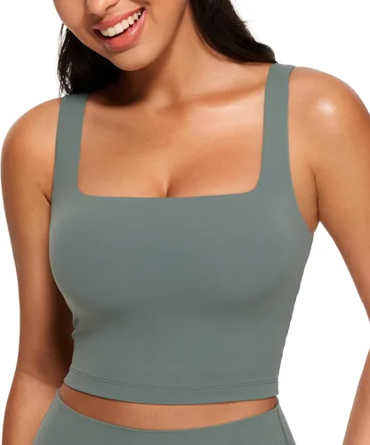 Vista 21 de CRZ YOGA Butterluxe Square Neck Crop Tank Top Brasier integrado, soporte ligero, almohadillas extraíbles, yoga, extremadamente suave, tirantes