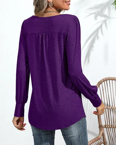 Vista 2 de Ficerd Blusa plisada de manga corta abombada para mujer, cuello redondo, elegante, casual, holgada, para primavera y verano