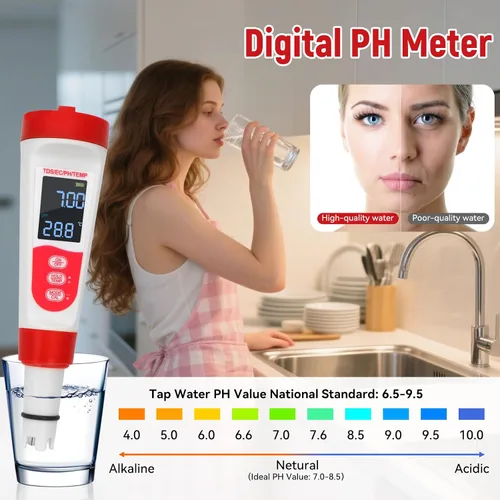 Vista 2 de Probador digital de pH de agua para piscina, medidor de pH multifuncional 4 en 1 para agua/TDS/EC/termómetro, medidor TDS EC medidor digital de agua