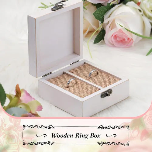 Vista 5 de Caja de madera para anillo de ceremonia de boda soporte de anillo de madera rústico para anillos de matrimonio y joyería de pareja
