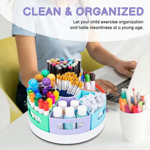 Vista 7 de CraftGenes Organizador de Suministros de Arte, Portálápices Extra Grande de 360° con 7 Compartimentos Removibles para Niños, Organizador