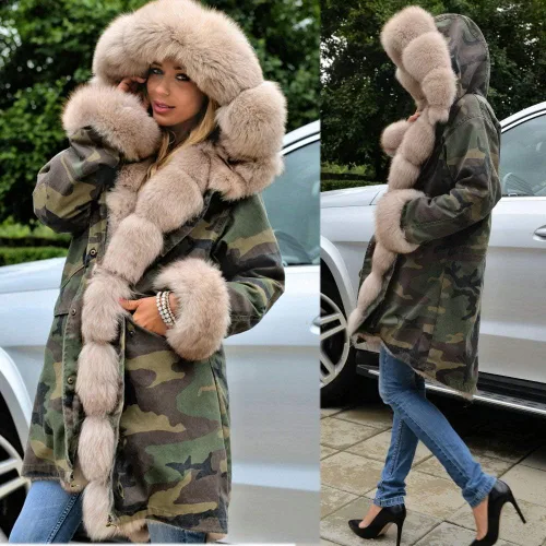 Vista 3 de Roiii Women Thicken Warm Winter Coat Hood Down Parka Faux Fur Outdoor Overcoat Long Jacket Outwear