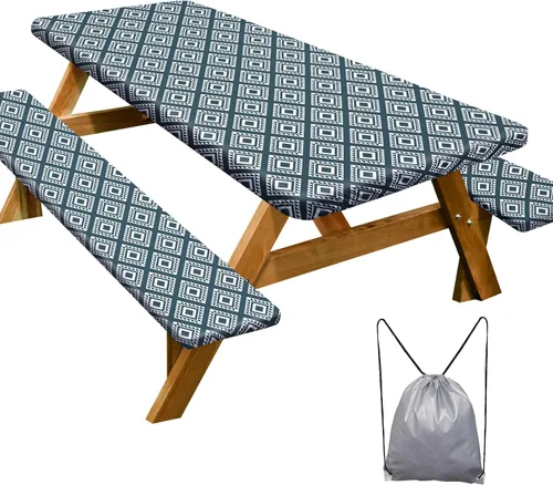 Vista 47 de Funda de mesa de picnic con fundas para bancos Esenciales de camping Mantel de picnic impermeable y a prueba de viento con bolsa de cordón, funda