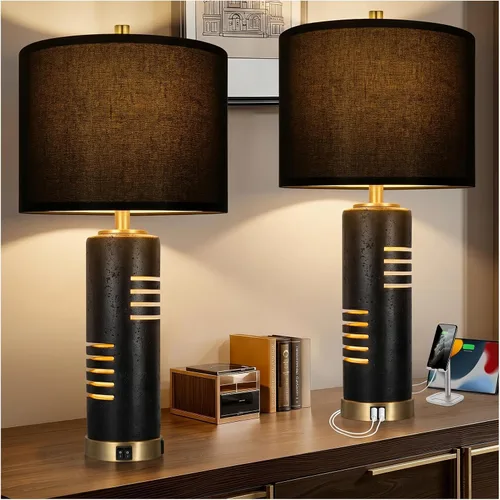 Vista 7 de KIVDITZO Juego de 2 lámparas de mesa de piedra sintética de 27.5 pulgadas, lámparas para sala de estar con luz nocturna, puertos USB A+C, modernas