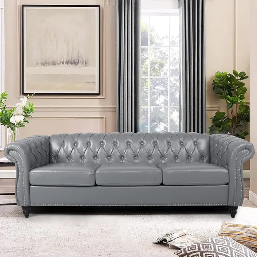 Vista 16 de LEVNARY Sillón Tapizado en Cuero, Silla Sofá Individual Estilo Mediados de Siglo Moderno con Brazos Curvos y Tachuelas, Silla Chesterfield de Cuero
