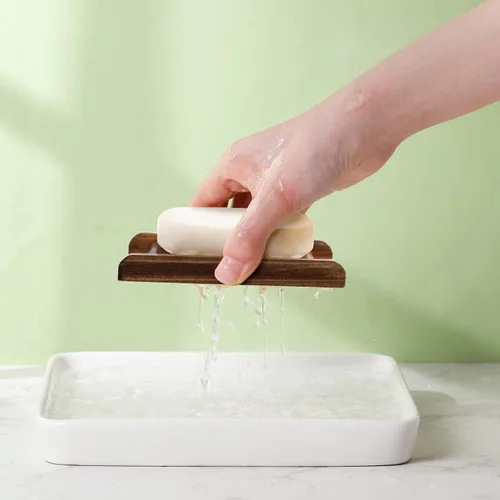 Vista 4 de Jabonera de bambú para jabonera de madera, ahorro de bandeja de jabón de madera, estuche de madera para ducha, rectangular, bañera, ducha, platos