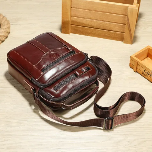 Vista 5 de Bolsos cruzados de cuero para hombre, bolso de hombro casual, bolso de mensajero de viaje, bolso vintage con múltiples bolsillos